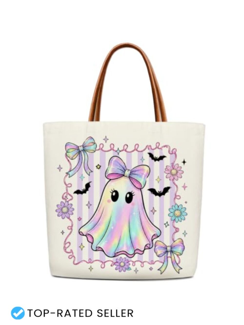 Halloween Ghost Bow Canvas Tote Bag with Leather Handles, Reusable Grocery